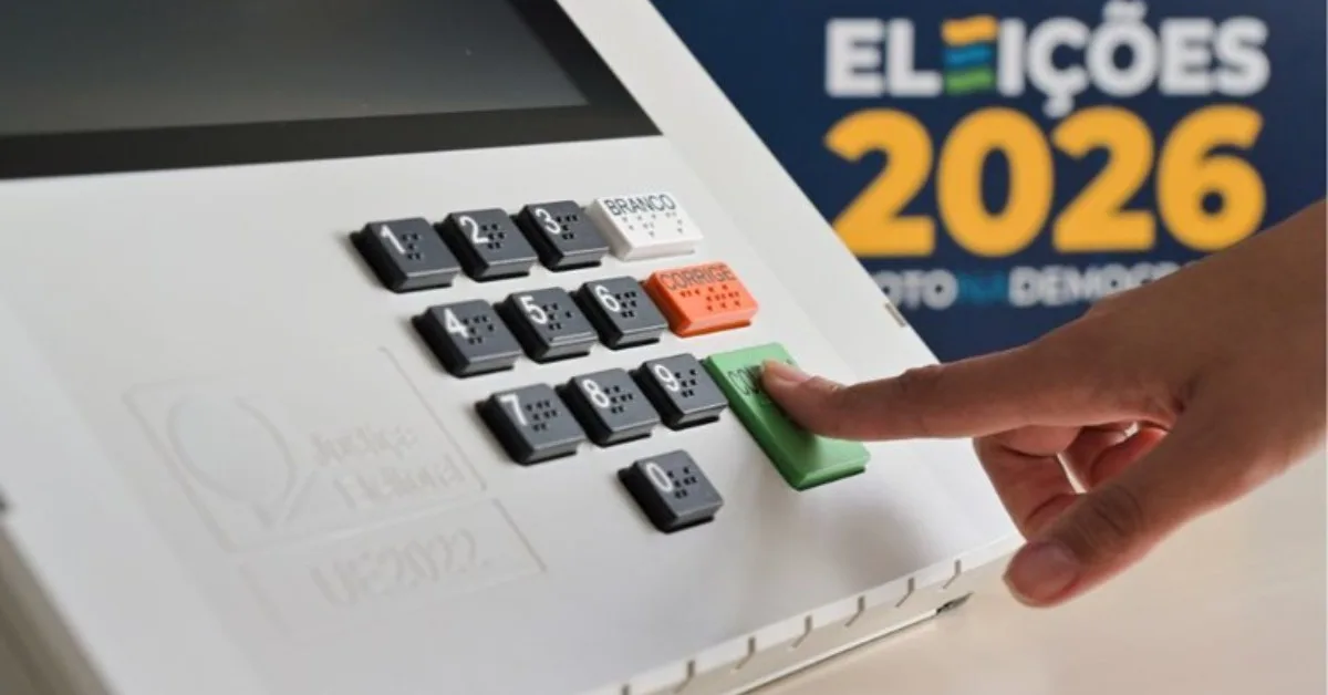 Urna eletrônica de votação destacada no contexto das Eleições 2026.