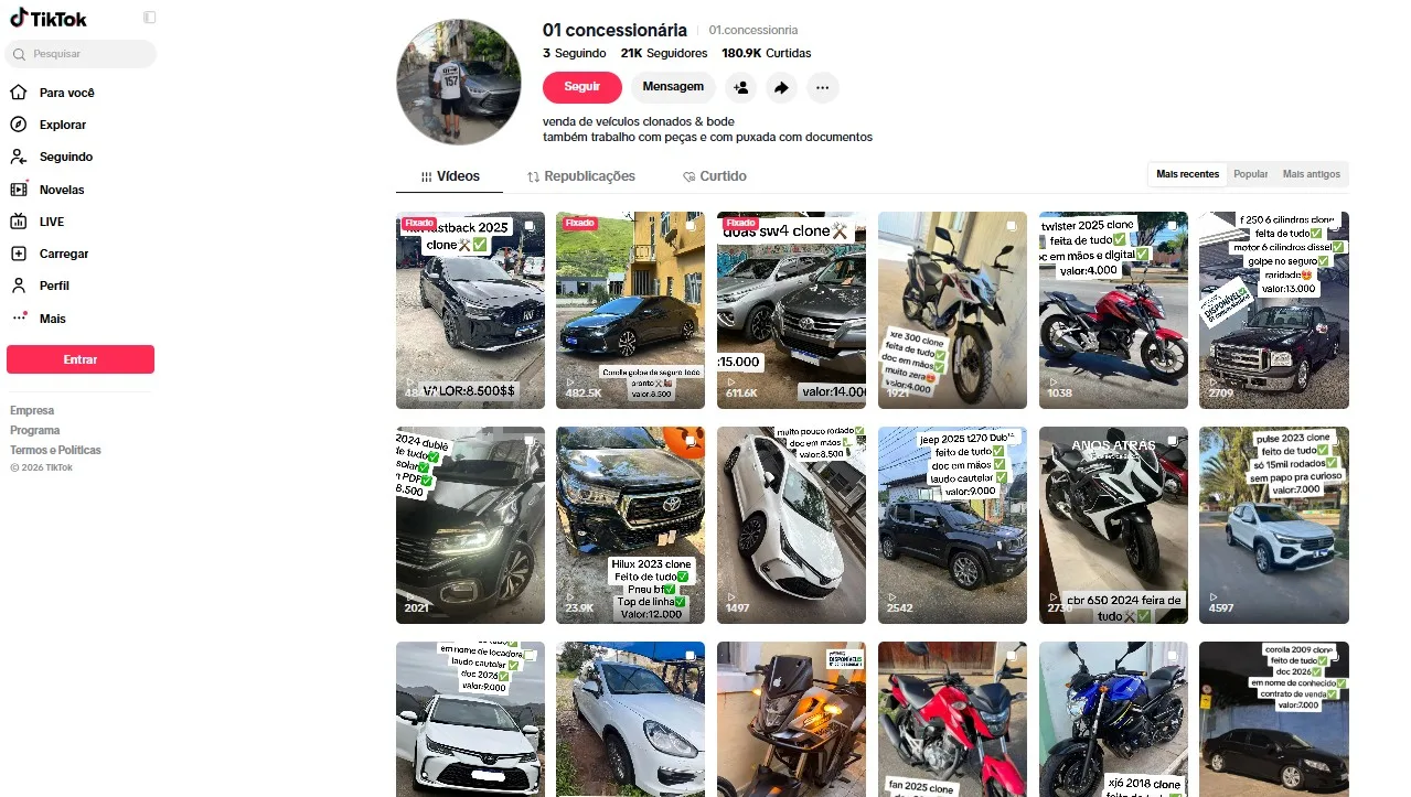 Polícia identifica 21 perfis no TikTok que vendem carros clonados no Rio de Janeiro