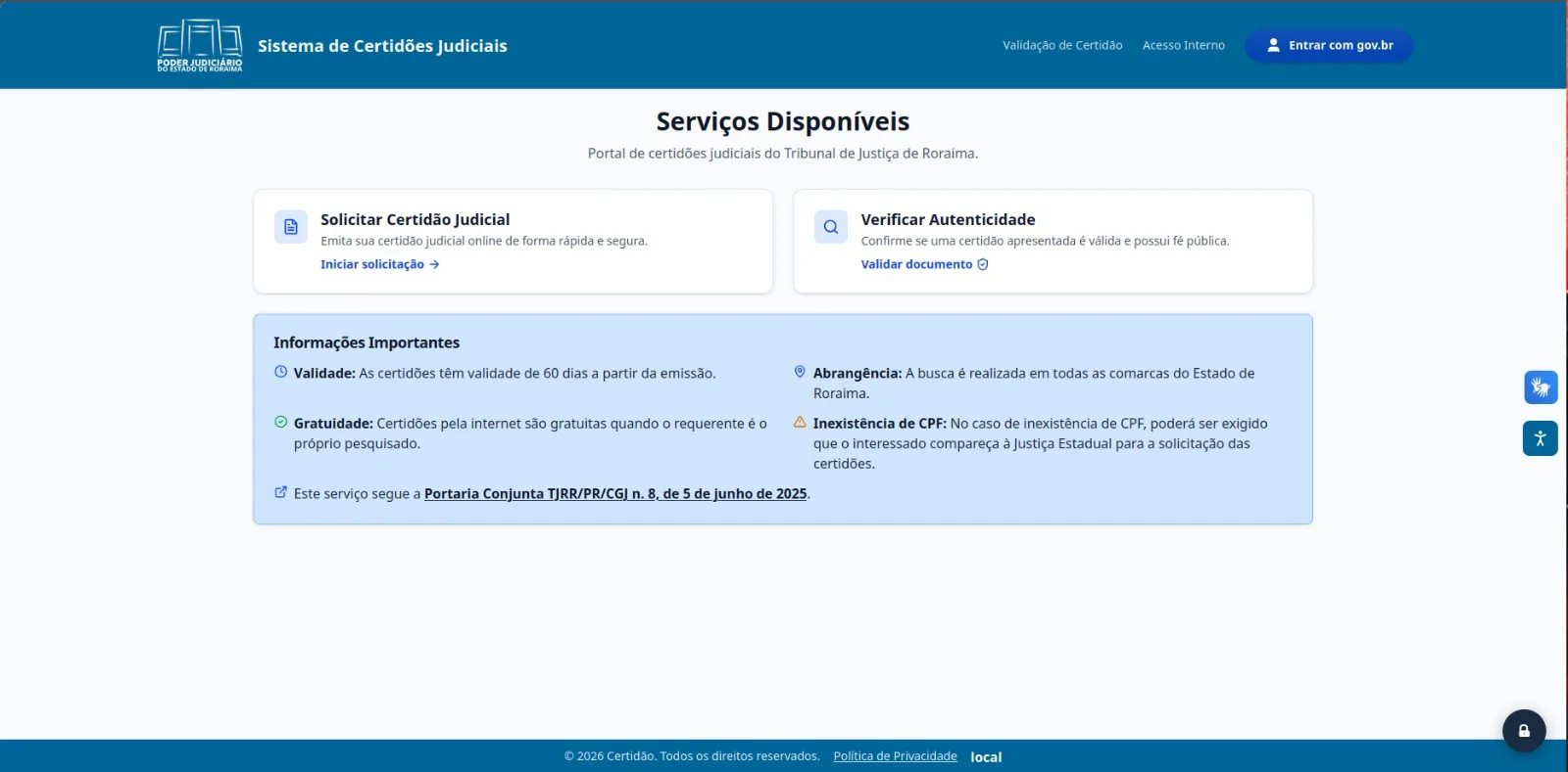 TJRR moderniza emissão de certidões judiciais com integração ao Gov.br